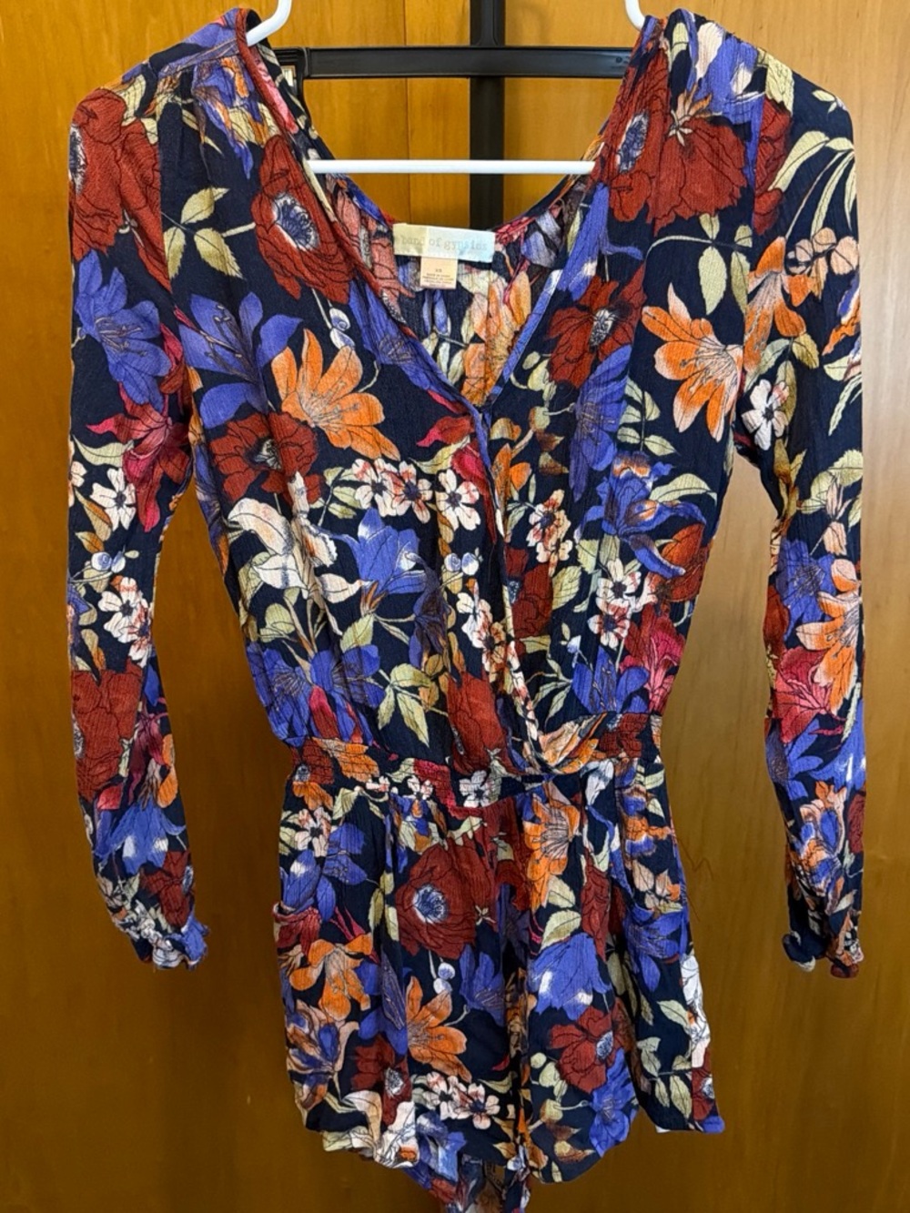 Band of Gypsies Navy Floral Long Sleeve Wrap Romper with Red & Blue Blooms